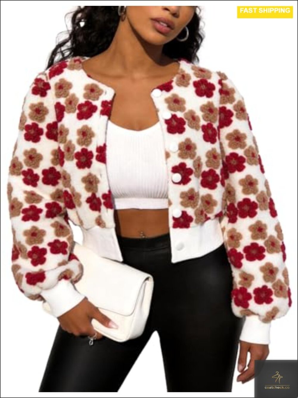 Warm Cropped Floral Bomber Jacket Fleece Puff Sleeve Button-Up Casual Outwear